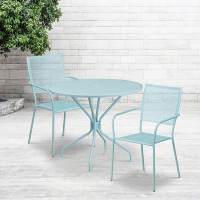 Flash Furniture CO-35RD-02CHR2-SKY-GG 35.25" Round Table Set with 2 Square Back Chairs in Blue